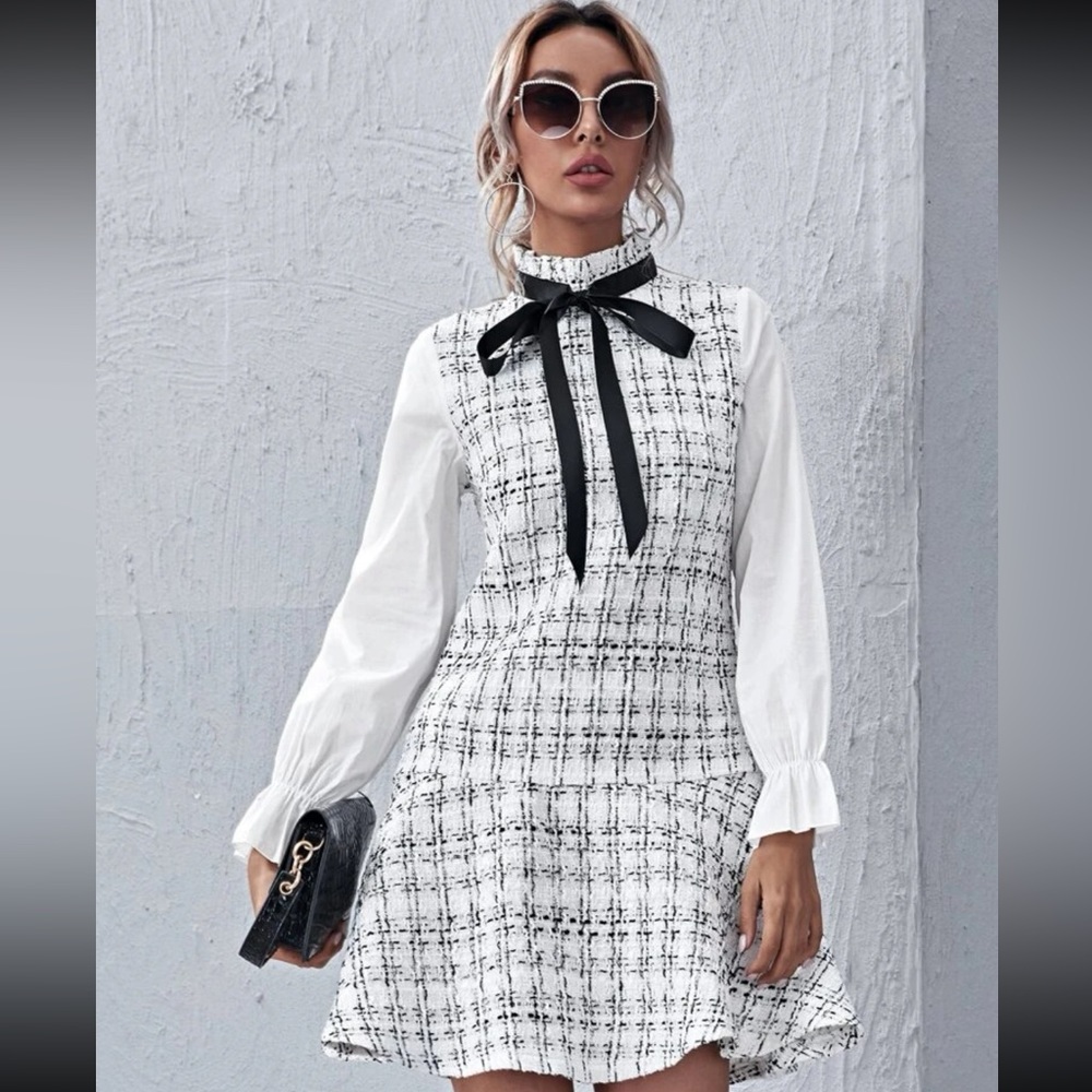 Tie neck plaid tweed dress